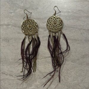 Gold and Brown Bohemian Feather Earrings